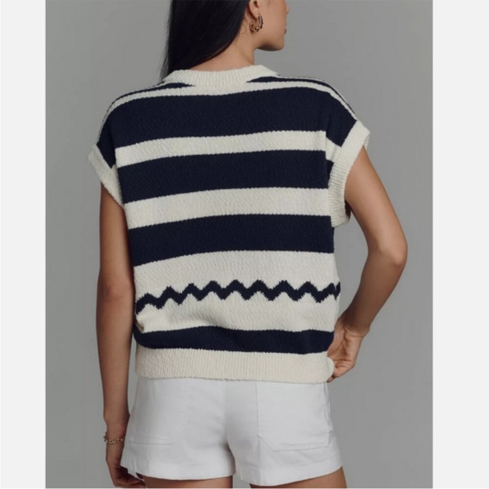 Anthropologie Maeve Crewneck Fish Motif Sweater Vest Cream Blue Large Sardine - Picture 5 of 13